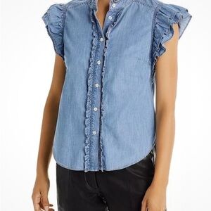 Veronica Beard | Pale Stone Tenille Shirt Denim Ruffle Sleeveless Blouse